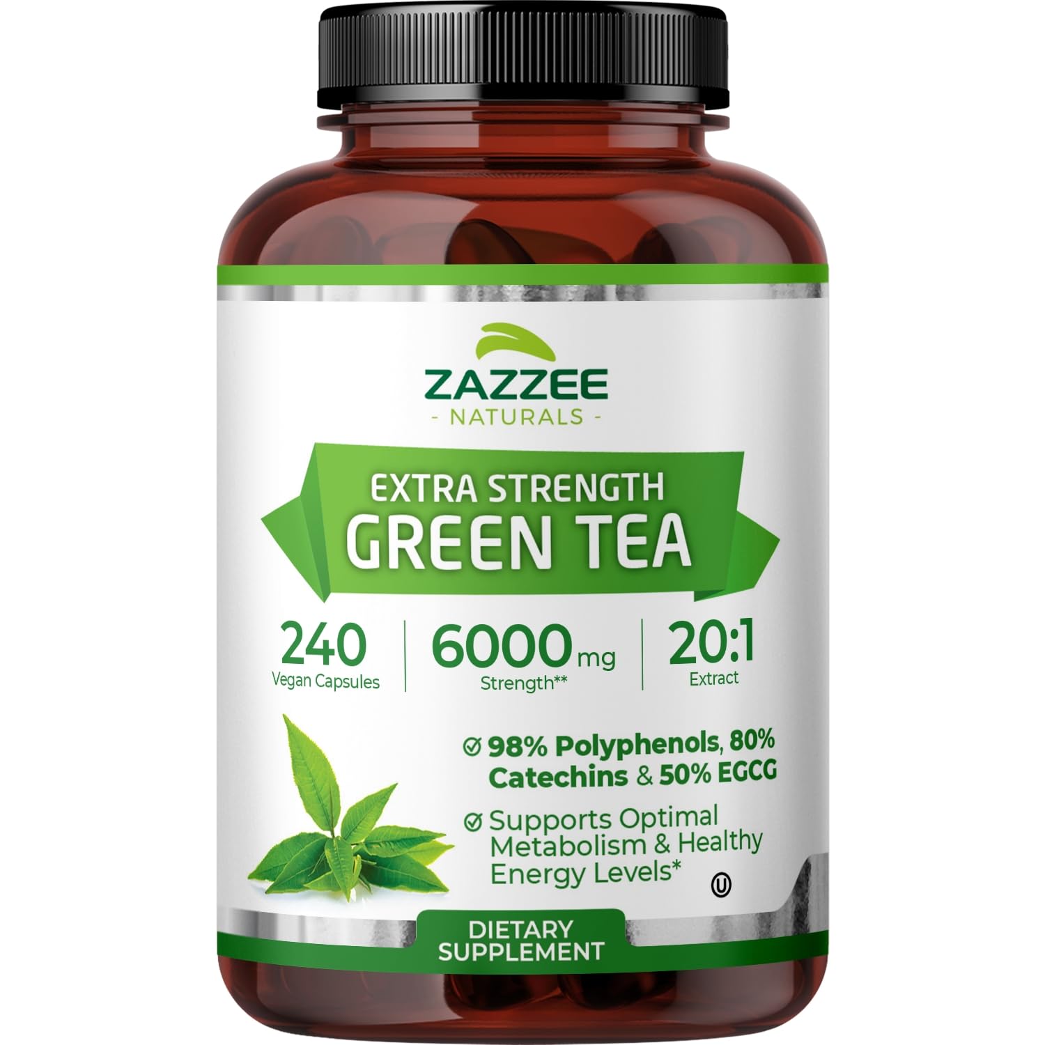 Zazzee Extra Strength Green Tea 20:1 Extract, 50% EGCG, 150 Vegan Capsules | 98% Polyphenols, 80% Catechins, 5 Month Supply, Certified Kosher, Antioxidant & Metabolism Support, Non-GMO, Made in the USA