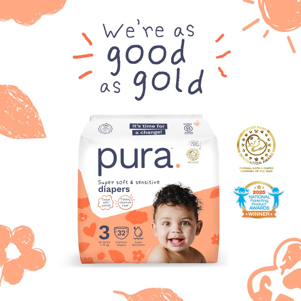 Pura Baby Diapers Size 3 (16-28 lbs) 128 Count Sensitive Skin