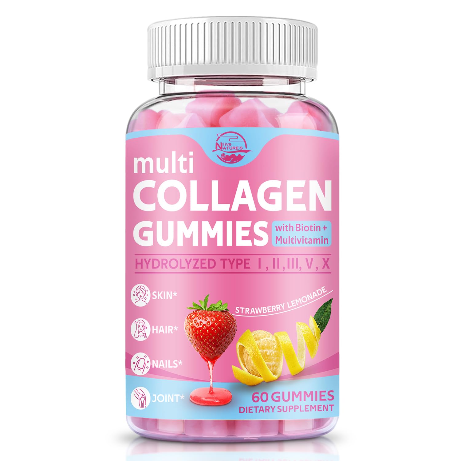 Nature's live Multi Collagen Peptides Gummies, Type I, II, III, V, X | Hydrolyzed Collagen Peptides Gummies, Supports Healthy Skin, Strong Nails & Thick Hair, Grape Blueberry Flavor, 2 Pack