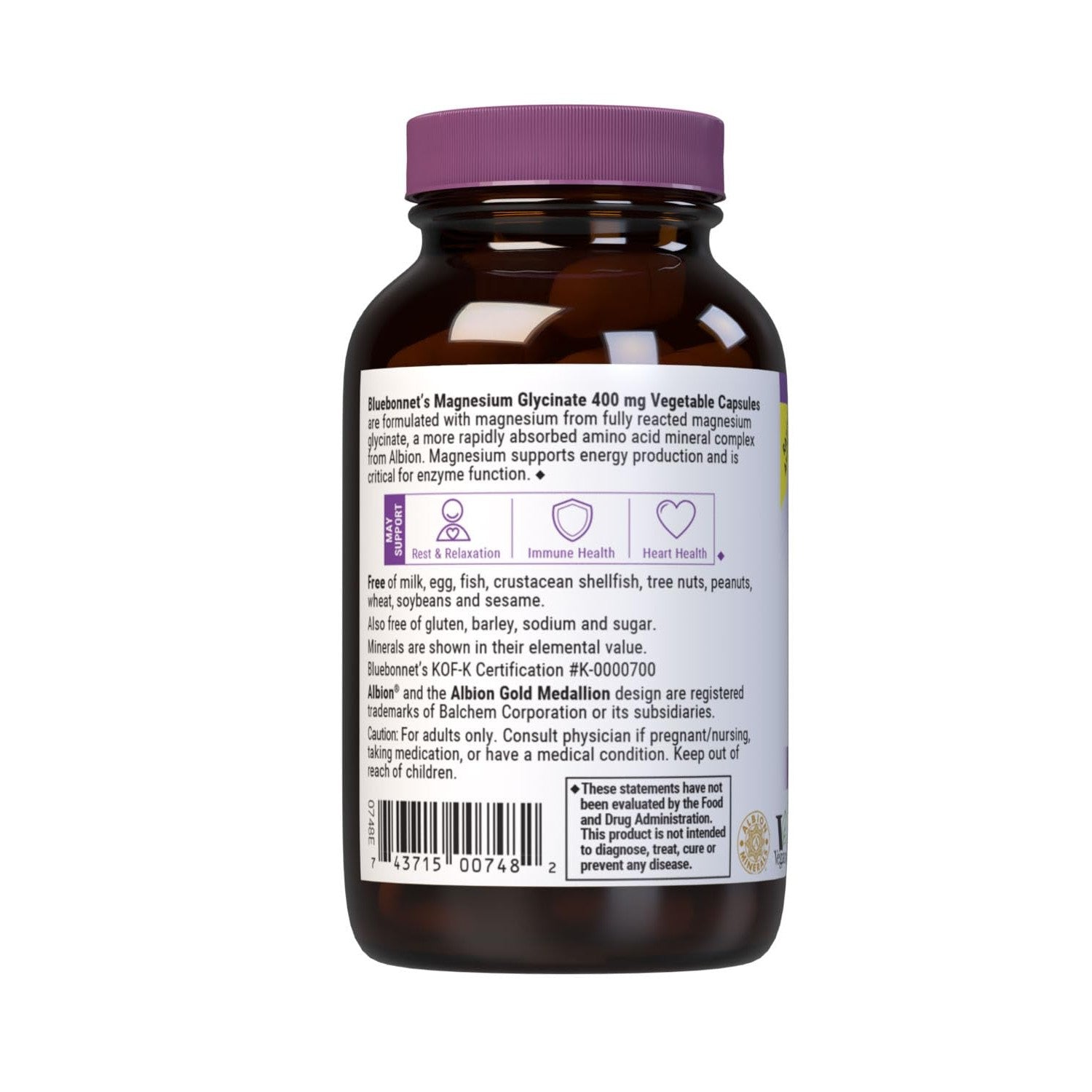 Bluebonnet Magnesium Glycinate, Energy Production*, Enzyme Function*, Non-GMO Certified by NSF, Vegan, Kosher Certified, Gluten-Free, Soy-Free, Dairy-Free, 60 Vegetable Capsules, 15 Servings | Non-GMO, Gluten-Free, Soy-Free