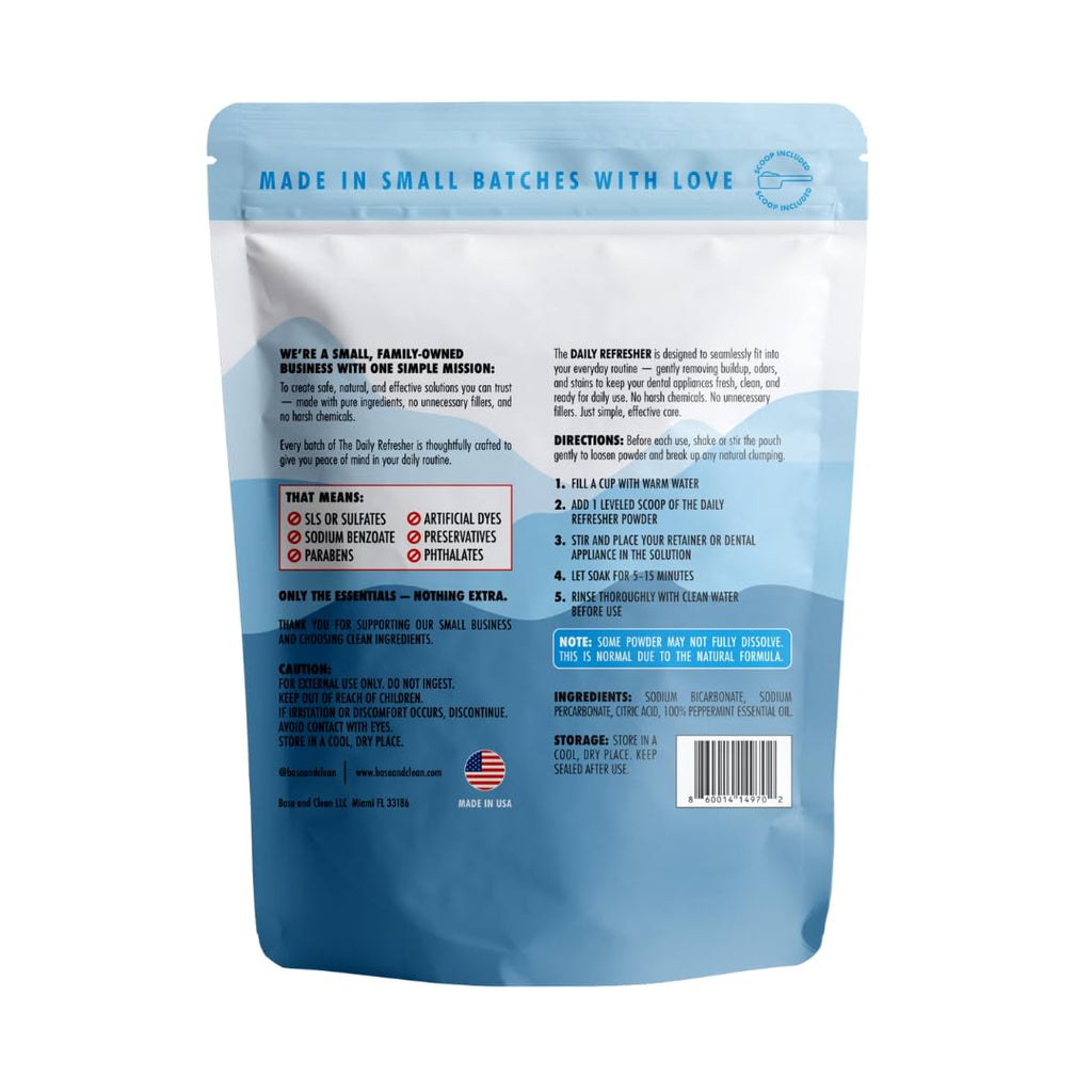 Base & Clean – The Daily Refresher™ | 100% Natural Retainer & Aligner Cleaner Powder | For Daily Use | 4 Month Supply | No Harsh Chemicals or Wrappers | Made in USA | NO Persulfate