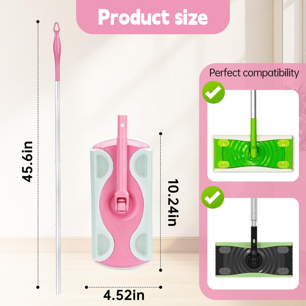 Mop Handle Compatible with Swiffer, Detachable Pink Extra Long Mop Handle for Swiffer