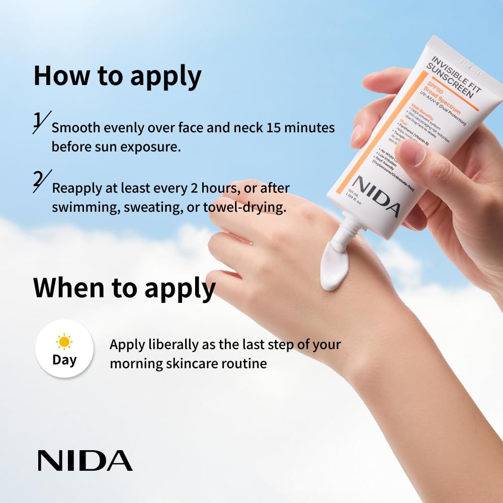 NIDA Invisible Fit Sunscreen SPF 50 Broad Spectrum UV-A/UV-B Protection | No White Cast, Low Irritation, Hydrating Lotion-like Lightweight Glow Sunscreen for All Skin Types | 1.69 fl. oz., 50ml