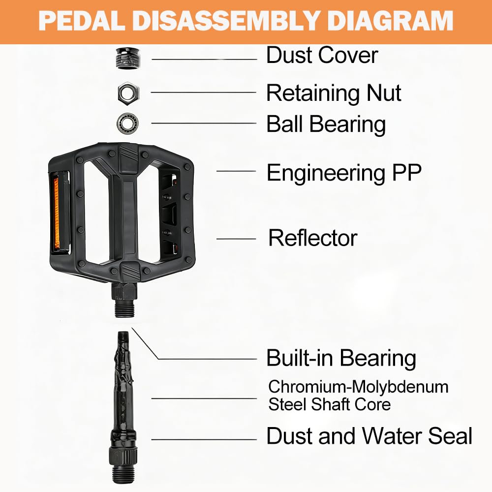 Universal Bike Pedals 9/16" Nylon Lightweight Non-Slip Bicycle Platform Pedals, Easy to Install, Fit Most Adult Mountain Bikes MTB, Durable Design
