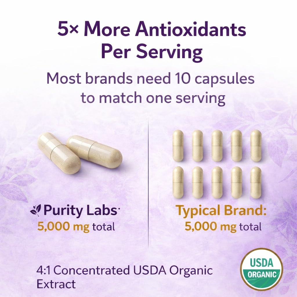 Purity Labs Trans-Resveratrol Supplement 5,000 mg Equivalent per Serving with Quercetin, USDA Organic High Potency Antioxidant, Vegan Capsules, 90 Count
