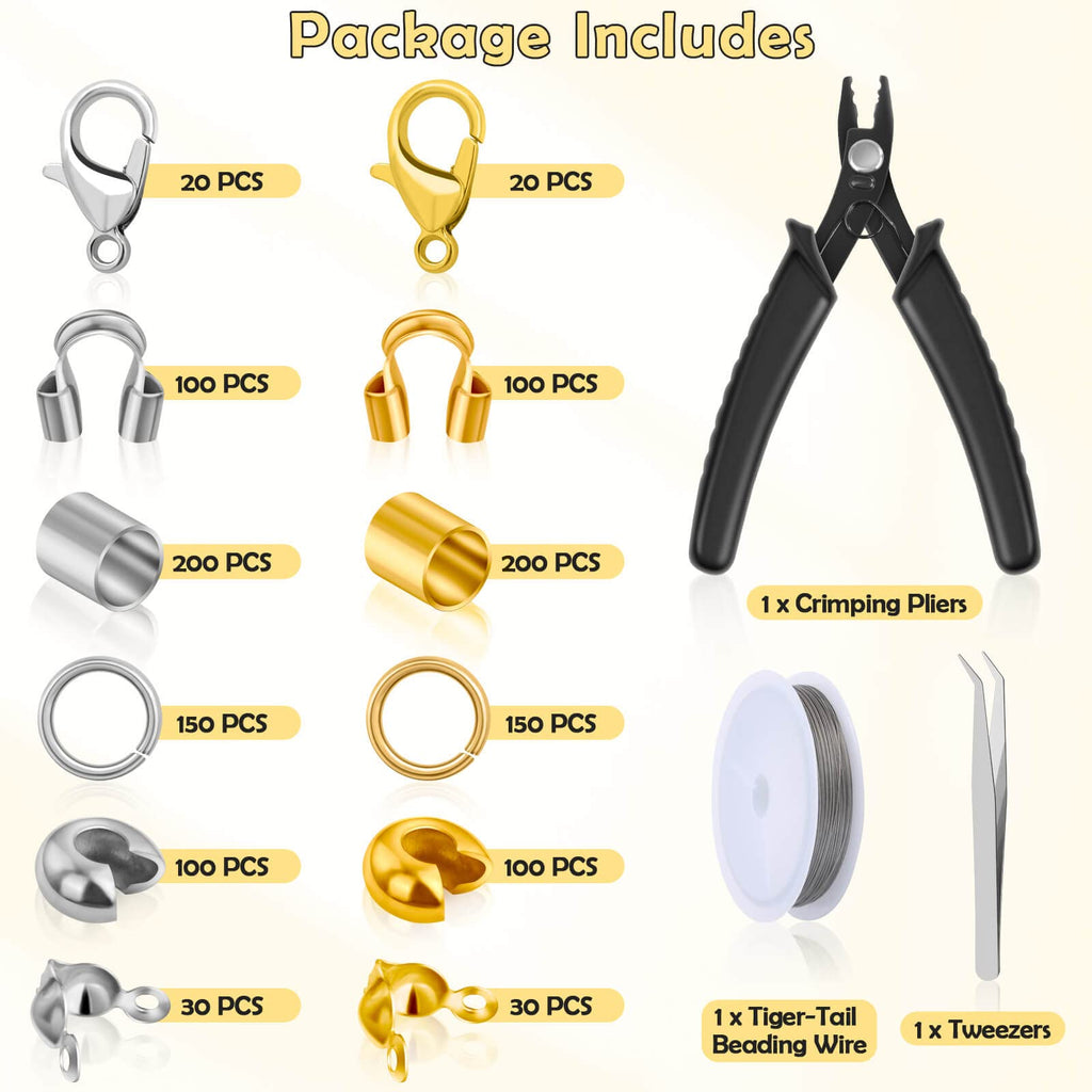 Acejoz 1203 Pcs Crimp Beads Supplies for Jewelry Making, Including Crimp Covers, Crimp Tubes and Wire Guardians, Lobster Clasps, Jump Rings, Crimping Pliers and Beading Wire for Bracelets Making