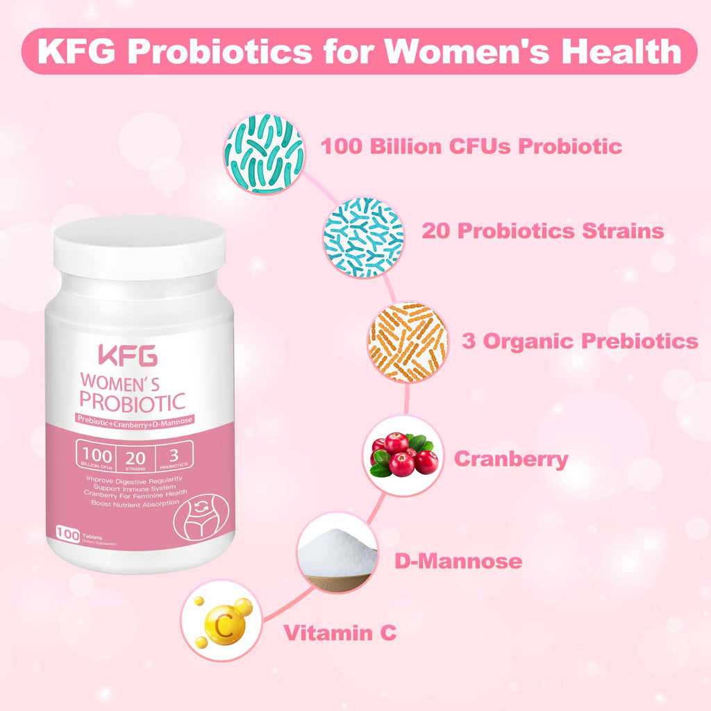 KFG Women's Probiotic, 100 Billion CFUs, 20 Strains, with Organic Prebiotics+Cranberry & D-Mannose, for Boost Immune, Digestive, Gut Health, Gluten Dairy & Soy Free, 100 Tablets.