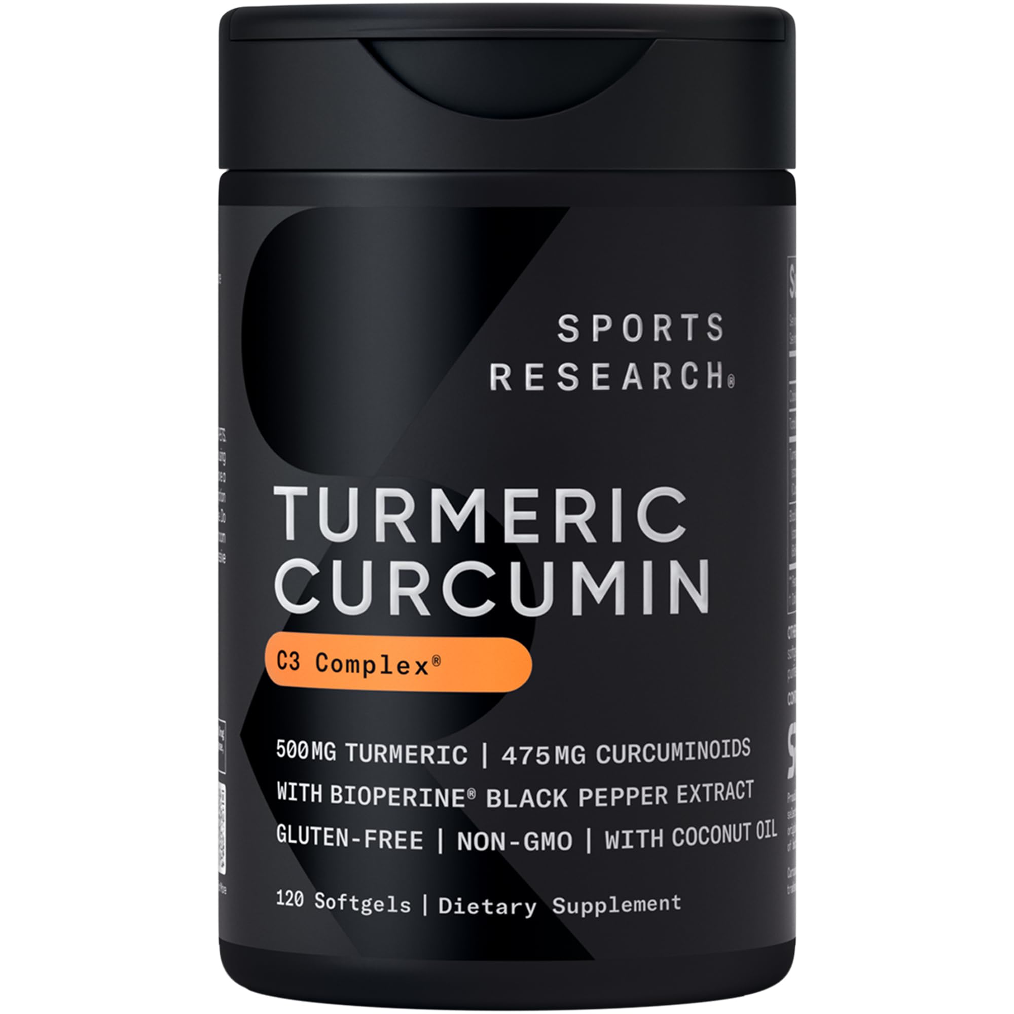 Sports Research® Turmeric Curcumin w/Coconut Oil & BioPerine® - 120 Count | Made with Curcumin C3 Complex® 500mg | Standardized to 95% Active Curcuminoids | Non-GMO, Gluten-Free - 120 Softgels