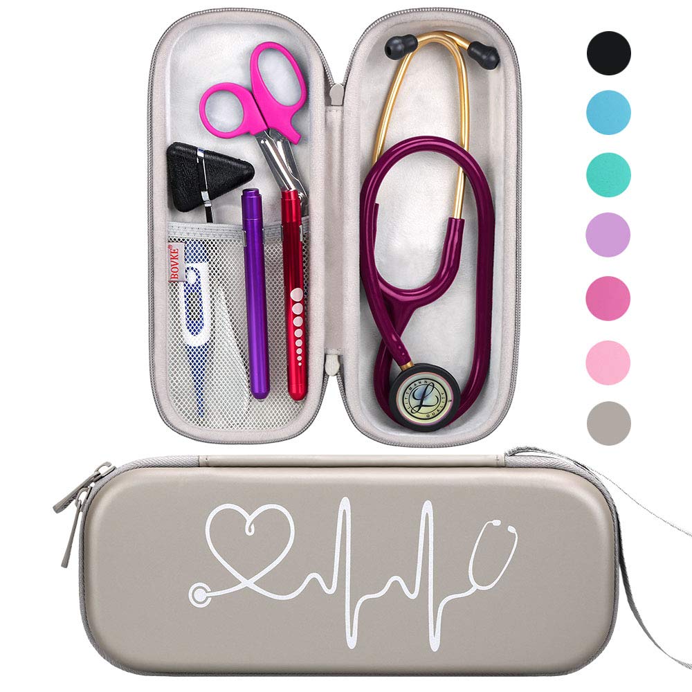 Buy now BOVKE Stethoscope Case for 3M Littmann Classic III, Lightweight II S.E, MDF Acoustica Deluxe Stethoscopes - Extra Room for Medical Bandage Scissors EMT Trauma Shear and LED Penlights, Black Pu Leather_Grey at indiglob india