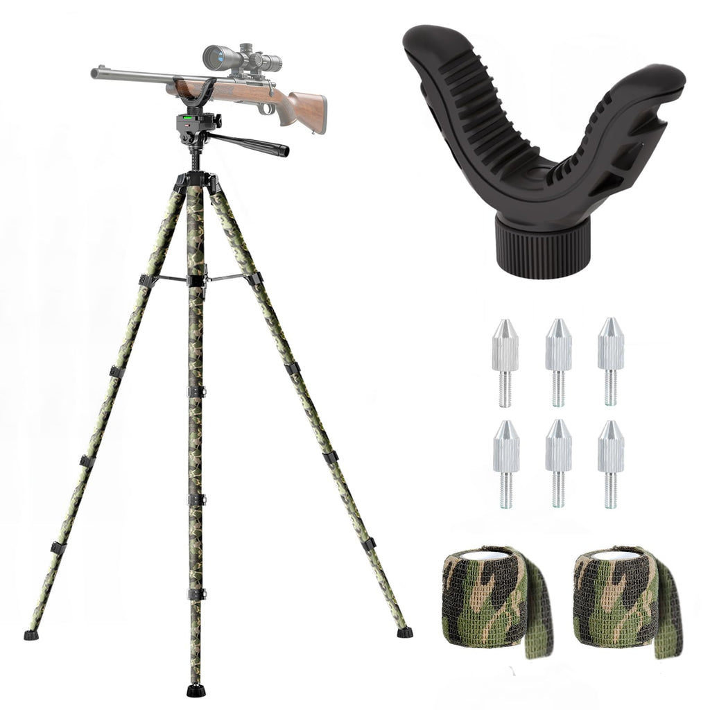 74" Adjustable Rifle Tripod Stand, Aluminum Shooting Tripod with V Yoke Gun Rest, Ground Spikes and 2 Camo Straps for Outdoor Shooting, Target Practice and Field Use