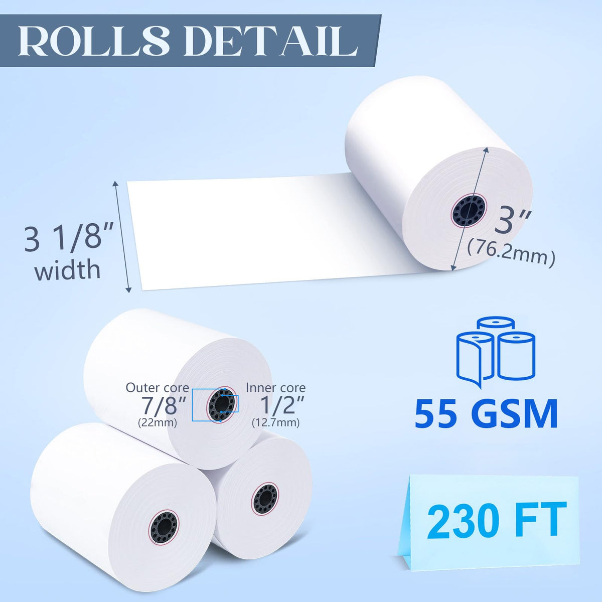 3 1/8 x 230 Thermal Paper Receipt Rolls 50 Rolls BPA Free Smooth Printing No Jam Clear Waterproof