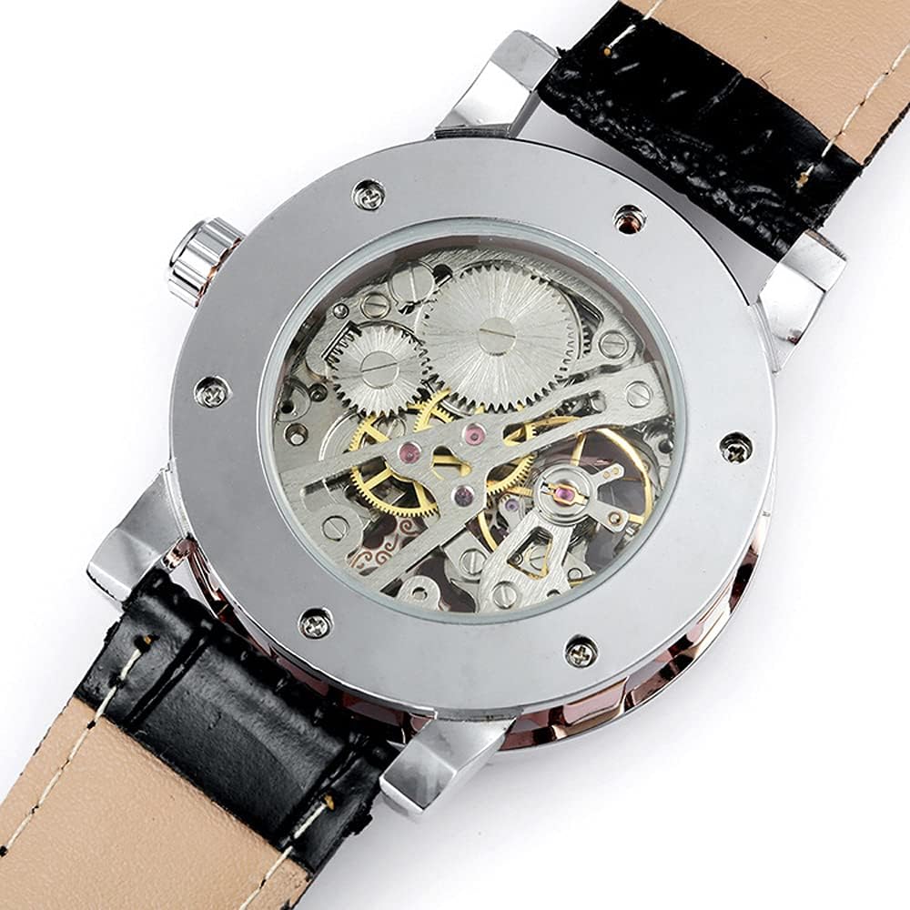 Buy now Men's Fashion Mechanical Wristwatch Transparent Dial with Skeleton Design Leather Band Automatic Manual-Winding Watch at indiglob india