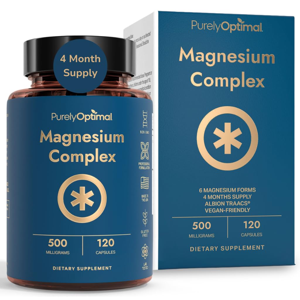 Purely Optimal Magnesium Complex - 6 Forms Magnesium Glycinate, Citrate & Malate - Sleep Support, Stress Relief, Muscles, Heart Health & Relaxation - Magnesium Supplement for Women & Men, 120 Caps