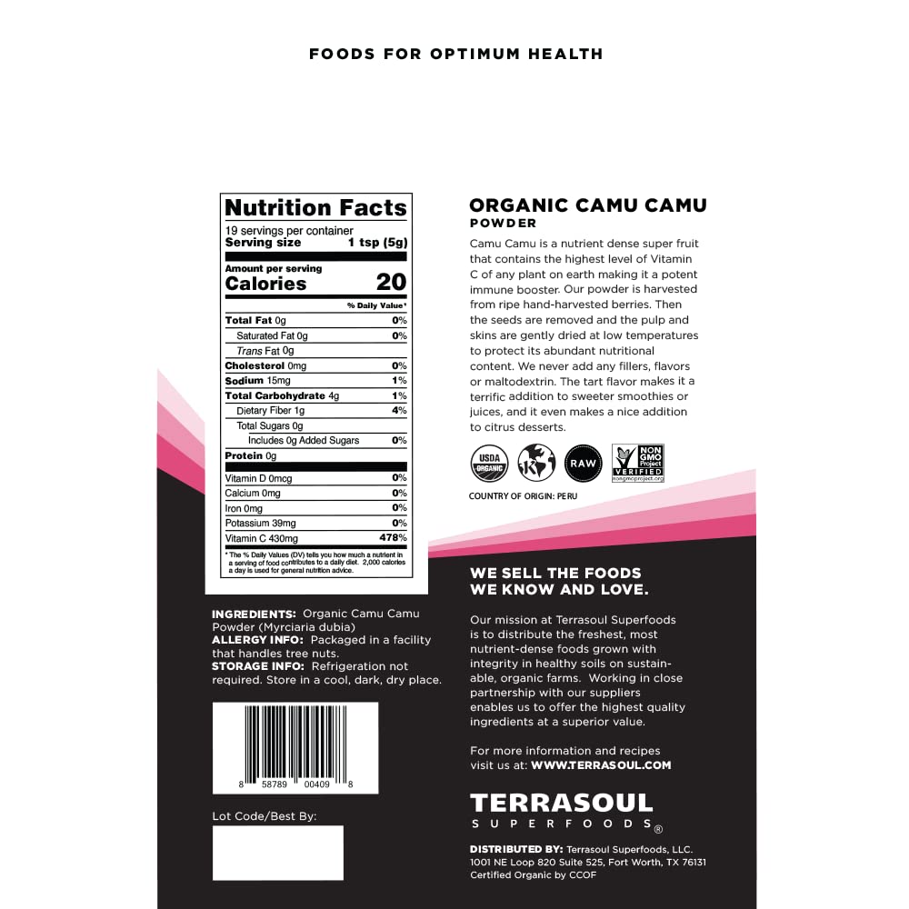 Buy now Terrasoul Superfoods Organic Camu Camu Powder, 3.5 Oz, Amazonian Superfruit for Immune Support, Smoothie Boost, and Vitamin C Antioxidant-Rich Recipes at indiglob india