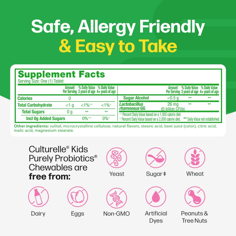 Culturelle Daily Chewable Probiotics for Kids Ages 3+, Berry Flavor, 30 Ct | From the #1 Pediatrician Recommended Brand± Promotes Digestive Gut Health, Oral Care & Immune Support* 5B CFUs, Gluten Free