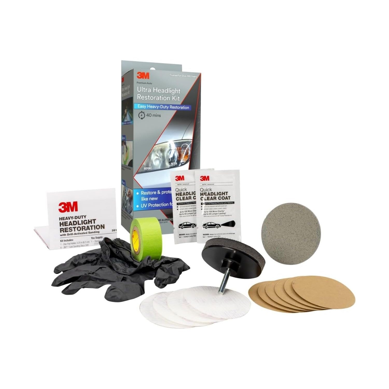 Buy now 3M Ultra Headlight Restoration Kit, Contains Masking Tape, Light Sanding Discs, Wax Protectant and More, Use on Plastic Lenses Headlights, Taillights and More, Easy Heavy-Duty Restoration (39195) 1 at indiglob india