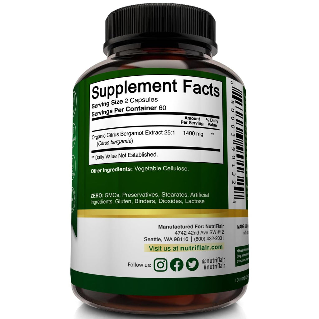 NutriFlair Organic Citrus Bergamot 1400mg, 120 Capsules - 25:1 Bergamia - Essential Oil and Citrus Bioflavonoids - Natural Heart Health Supplements for Women and Men - Non-GMO Pills