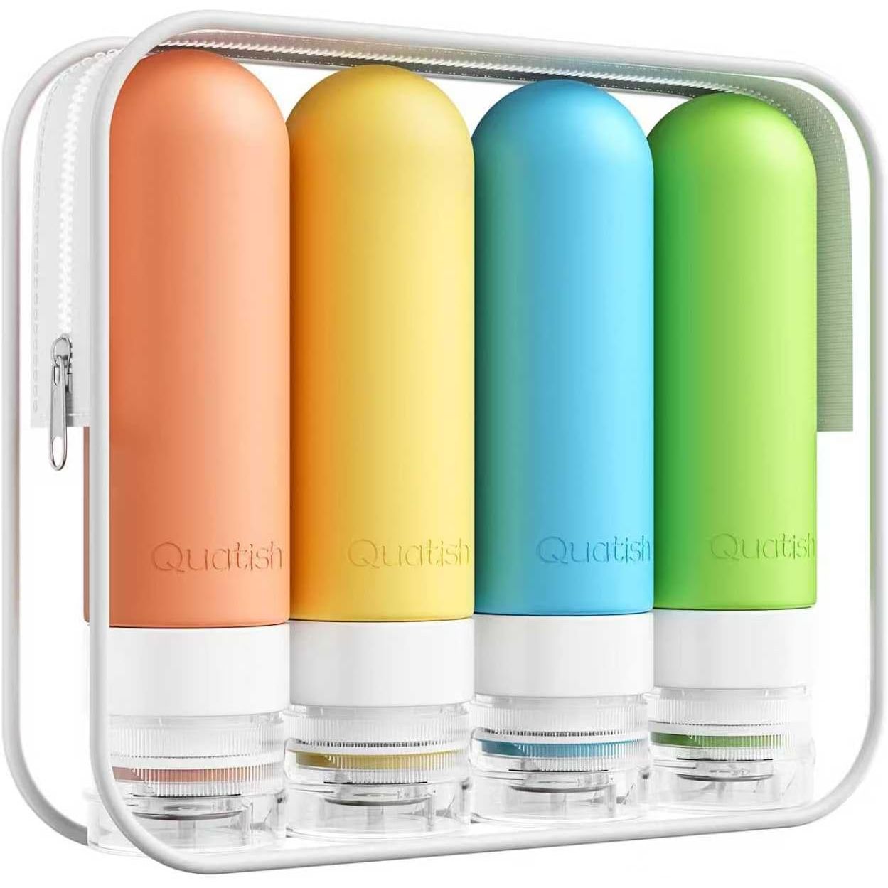 Buy now Quatish Travel Bottles for Toiletries, Original Patented Leak Proof Travel Size Containers, 3 oz Tsa Approved Silicone Shampoo and Conditioner Bottles, 4 Pack, Multi-Color at indiglob india