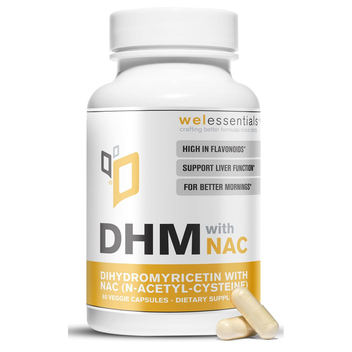 WELESSENTIALS DHM with NAC - 650mg x 60 Capsules - 300mg N-Acetyl-Cysteine, 350mg Dihydromyricetin - Max Strength Dietary Supplement for Liver Support, Hydration