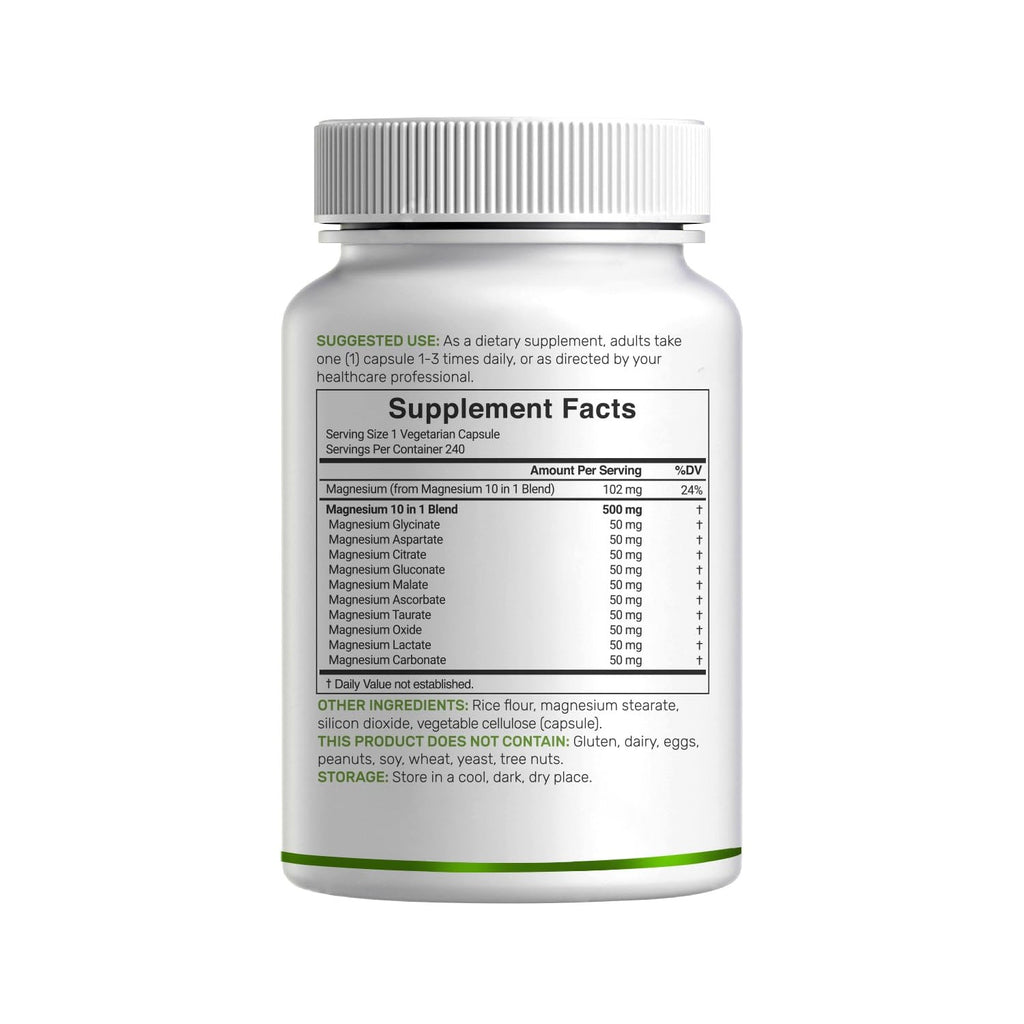Magnesium Complex 500mg, 480 Veggie Capsules – Pack of 2 | 10-in-1 Glycinate, Citrate, Malate, Oxide, & More – 100% Chelated for Easy Absorption – Essential Mineral Supplement – Non-GMO