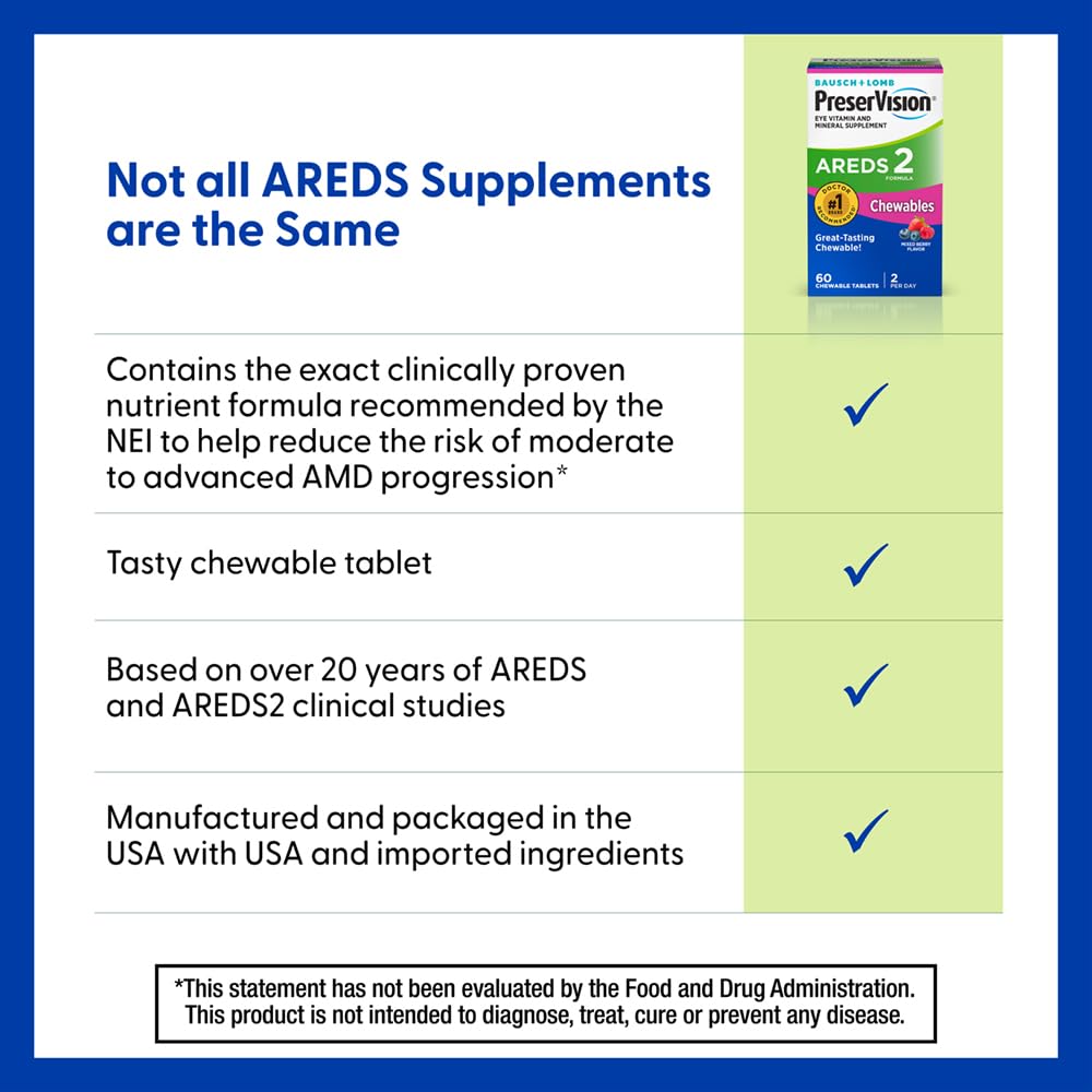 PreserVision AREDS 2 Chewable Eye Vitamins, Mixed Berry, 60 Tablets | AREDS 2 formula, lutein & zeaxanthin, vitamin C, E, zinc, copper, macular support* Vitamins, #1 eye doctor recommended brand1