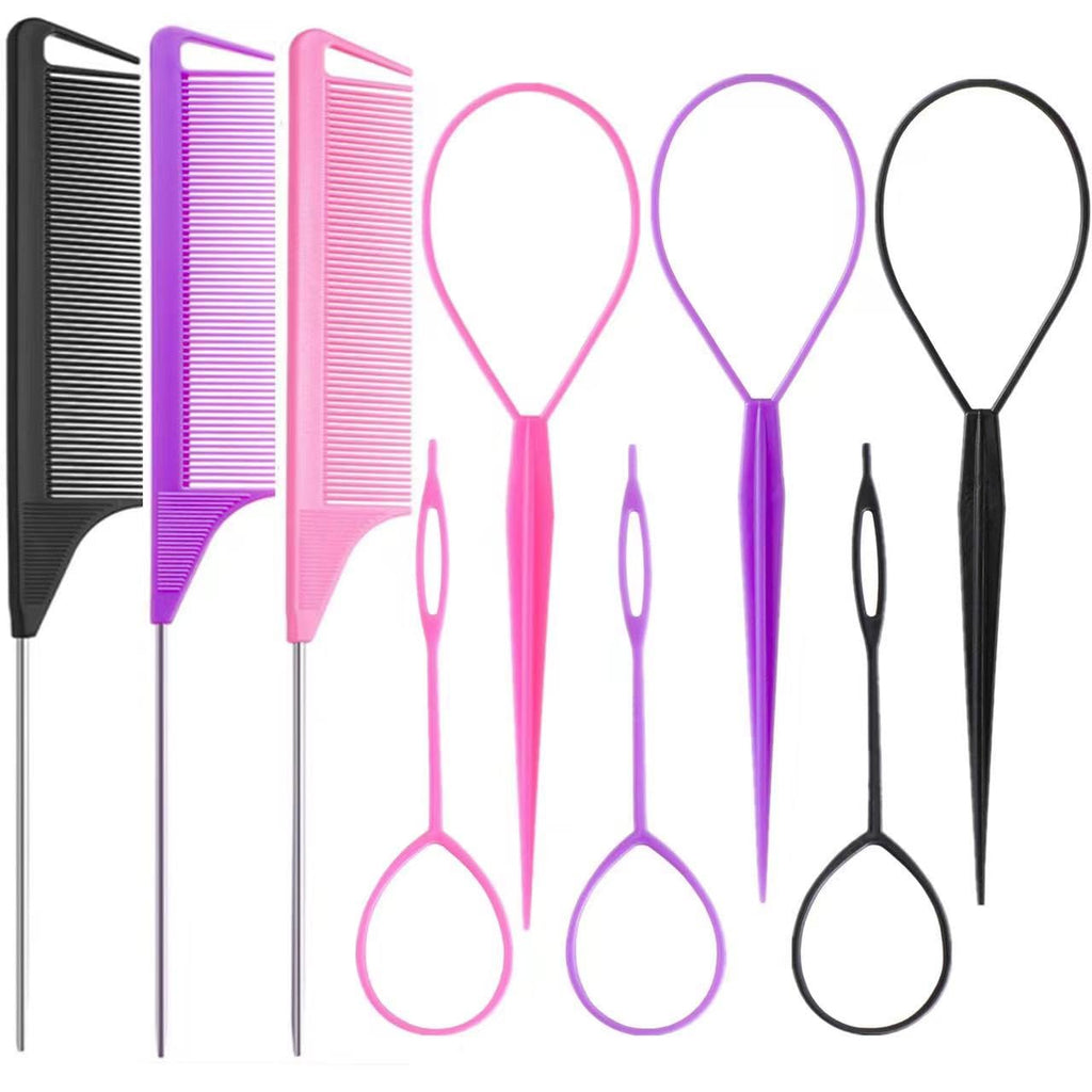 6PCS Hair Styling Tools Kit, Boar Bristle Wooden Brush, Rat Tail Metal Pin Parting Comb Edge Control Brush,Bristle Teasing Hair Brush Topsy Tail Loop Tools for Women Braiding & Edge Styling