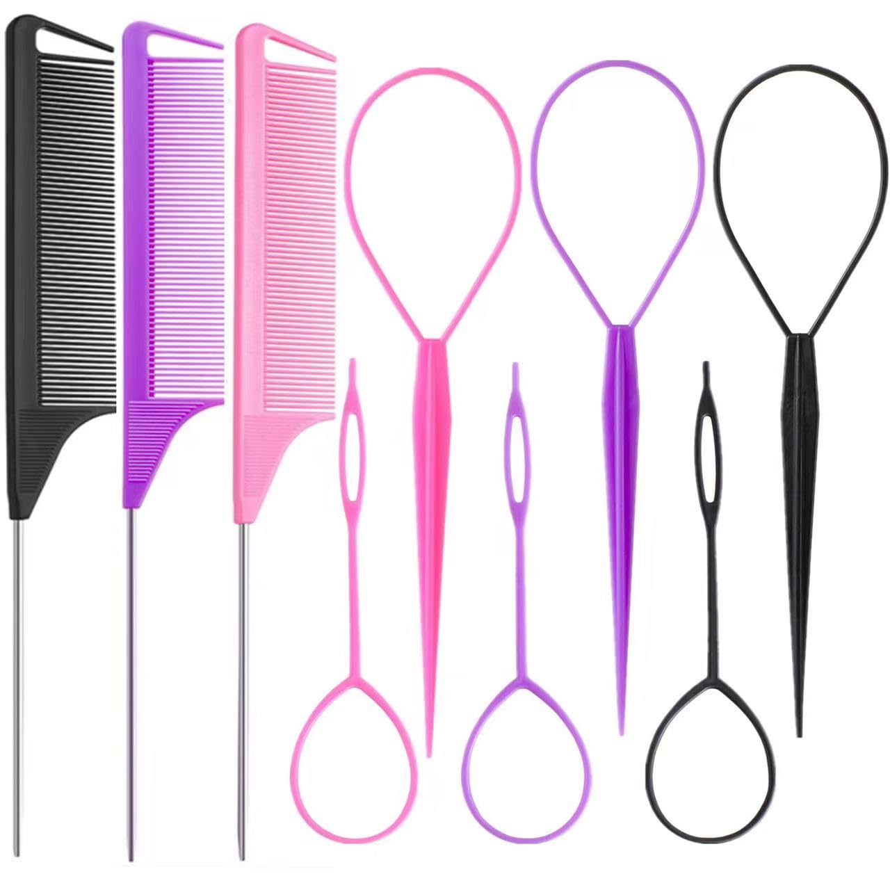 6PCS Hair Styling Tools Kit, Boar Bristle Wooden Brush, Rat Tail Metal Pin Parting Comb Edge Control Brush,Bristle Teasing Hair Brush Topsy Tail Loop Tools for Women Braiding & Edge Styling