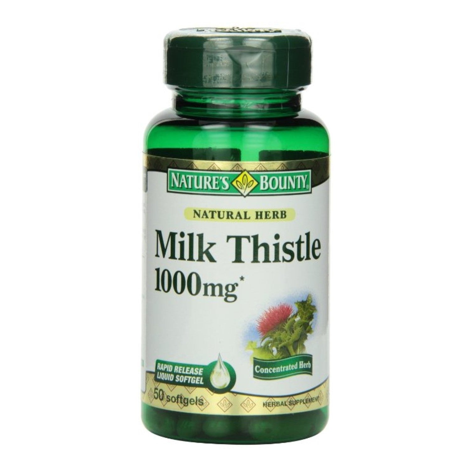 Nature's Bounty Milk Thistle 1000mg, Rapid Release Softgels, 50 Count