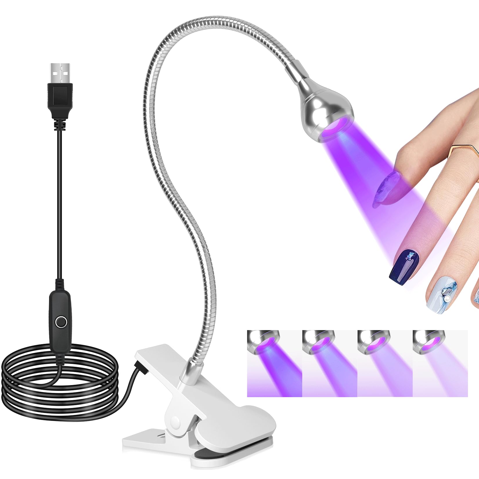 UV Nail Lamp - UV Light for Gel Nails, Flash Cure Lamp | LED Gooseneck Flash Cure Lamp for Nails, Manicure Dryer Black Light with Clamp, 365+395nm 5V 3W 4 Levels Dimming White
