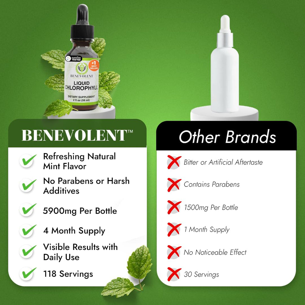 Benevolent Nourishment Chlorophyll Supplement, Detox & Immune Support, Internal Deodorizer, Liquid Drops | Highly Absorbable Supplement for Energy Support, Immune Wellness, Natural Cleansing, 4 Month Supply