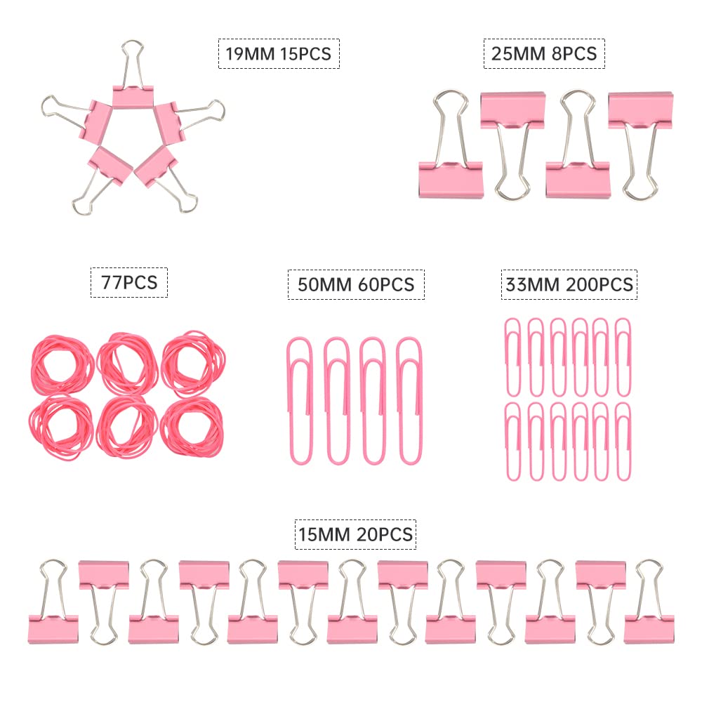 Pink Binder Clips Paper Clips,380 PCS Assorted Sizes Paperclips