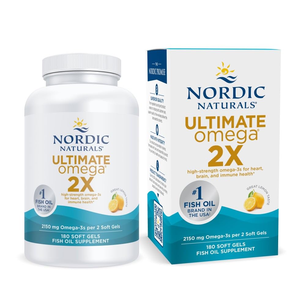 Nordic Naturals Ultimate Omega 2X, 2150mg Fish Oil, Lemon - 120 Count | High-potency 2X formula with EPA & DHA for brain & heart health. Non-GMO soft gels. 60 servings.