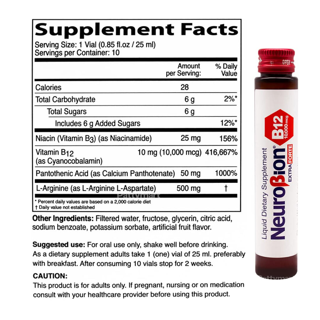 Neurobion Extra Forte B12 10,000 mcg Liquid Dietary Supplement - High Potency B Complex Drinkable Oral Vials for Extreme Energy Support Complex Easy Oral Drinkable10 Vials | High potency drinkable B complex. Supports daily energy and nerve function.
