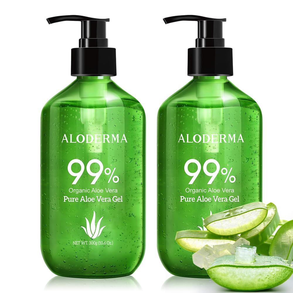 Aloderma Aloe Vera Gel Made within 12 Hours of Harvest with 99% Pure Organic Aloe Vera - Pump Bottle - Ideal for Face and Body, Soothing & Hydrating Sunburn Relief, Great for Scalp & Hair - 10.6oz