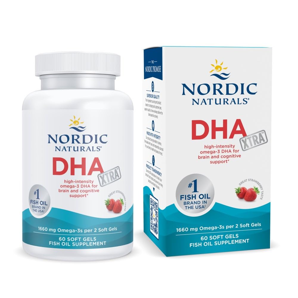 Nordic Naturals DHA Xtra Supplement, 1660mg Omega-3 Fish Oil - 90 Count | 1660mg Omega-3 per serving (2x potency). Supports brain & nervous system health. Non-GMO. Strawberry flavor. 90 servings.