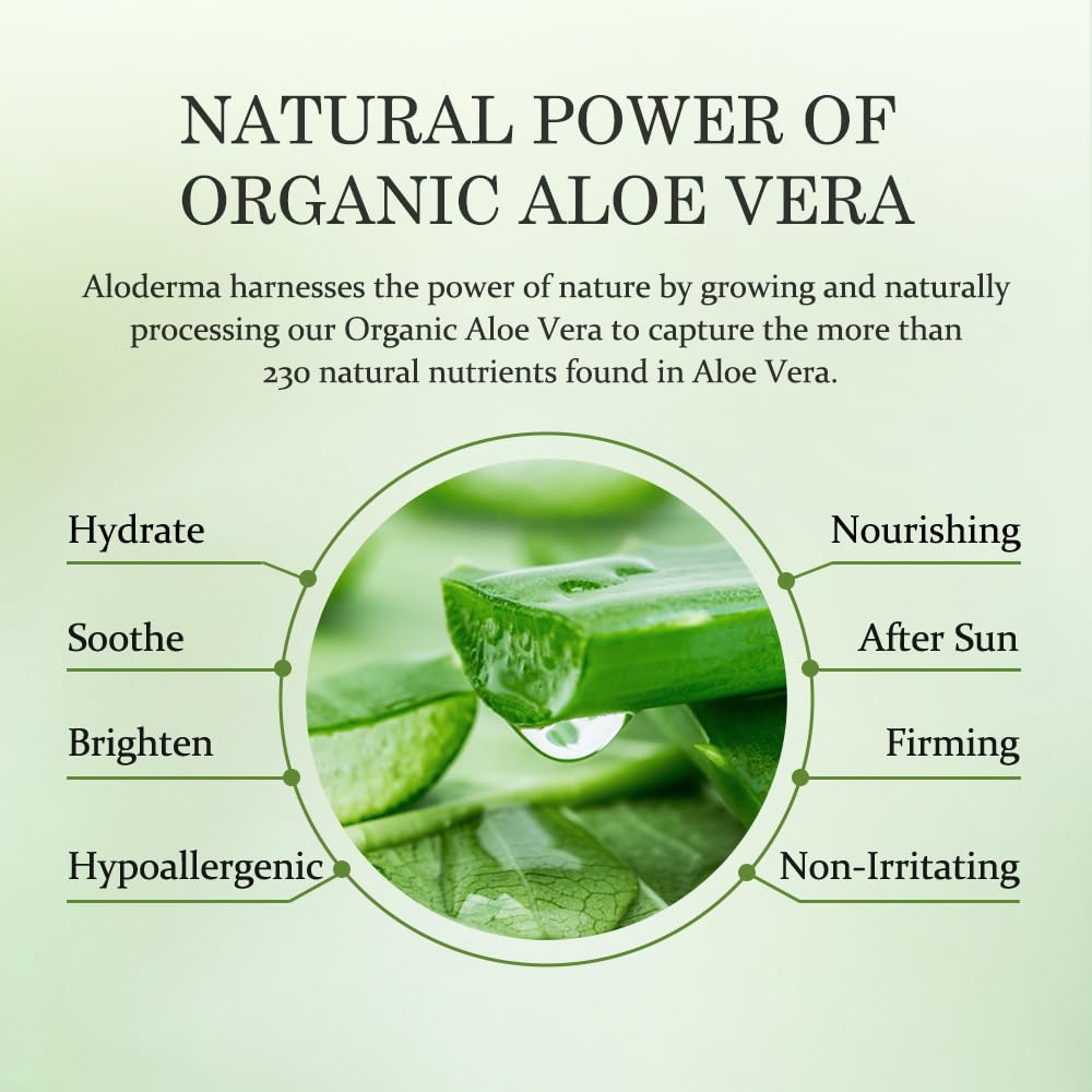 Aloderma Aloe Vera Gel Made within 12 Hours of Harvest with 99% Pure Organic Aloe Vera - Pump Bottle - Ideal for Face and Body, Soothing & Hydrating Sunburn Relief, Great for Scalp & Hair - 10.6oz