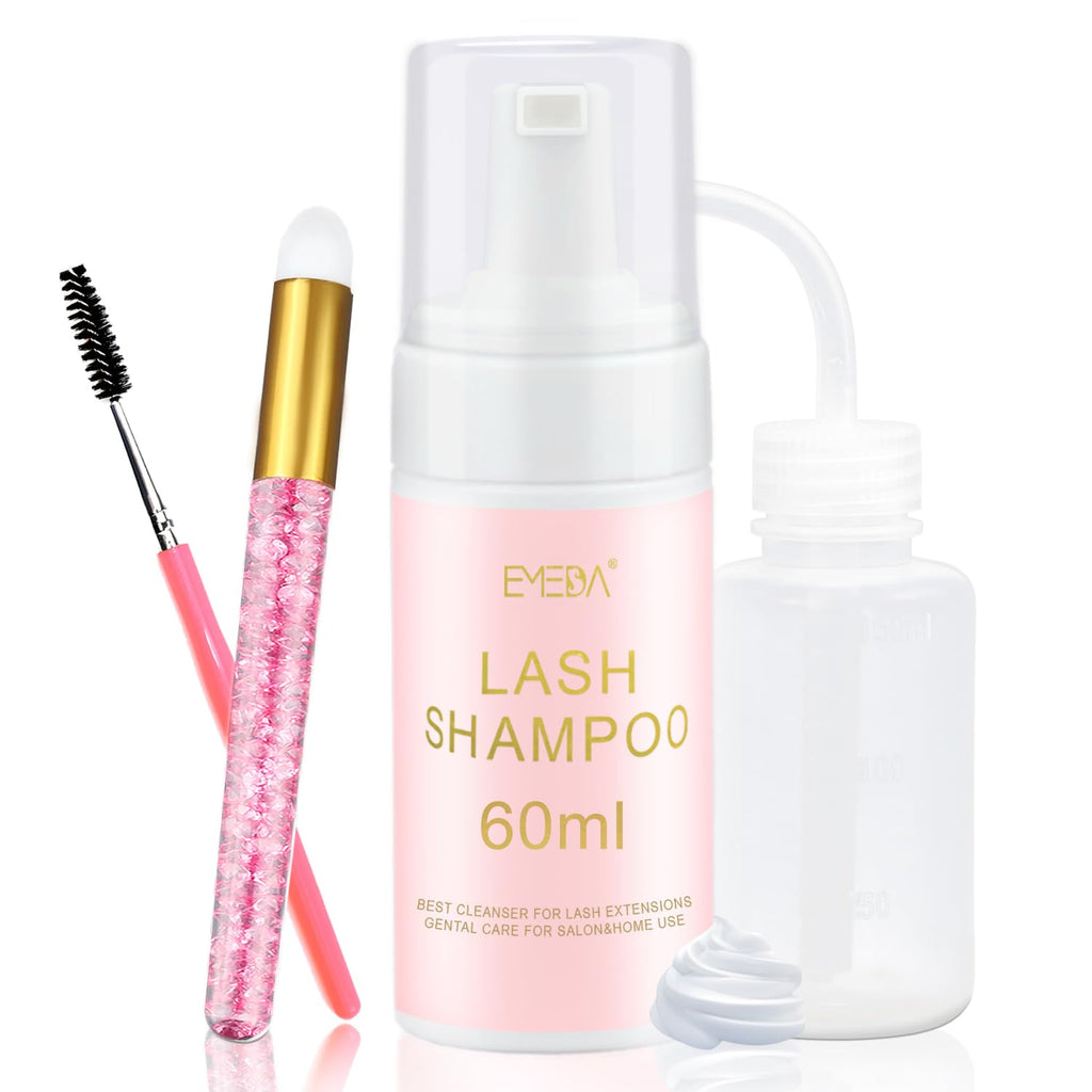 EMEDA Lash Shampoo Kit 2.02 Fl.oz Lash Cleaning Kit with Fan (Pink) | Dryer/Brush/Rinse Bottle, Oil-free Cleanser Wash for Extensions & Clusters & Natural Eyelashes, Cleaner for Eyelash Care
