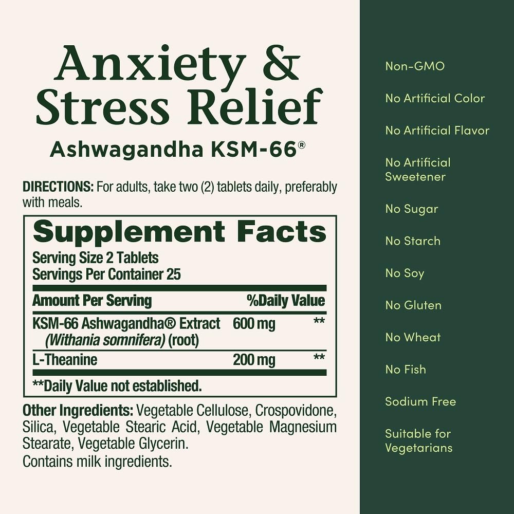 Nature's Bounty Stress Relief Ashwagandha KSM 66 Tablets, 50 Count
