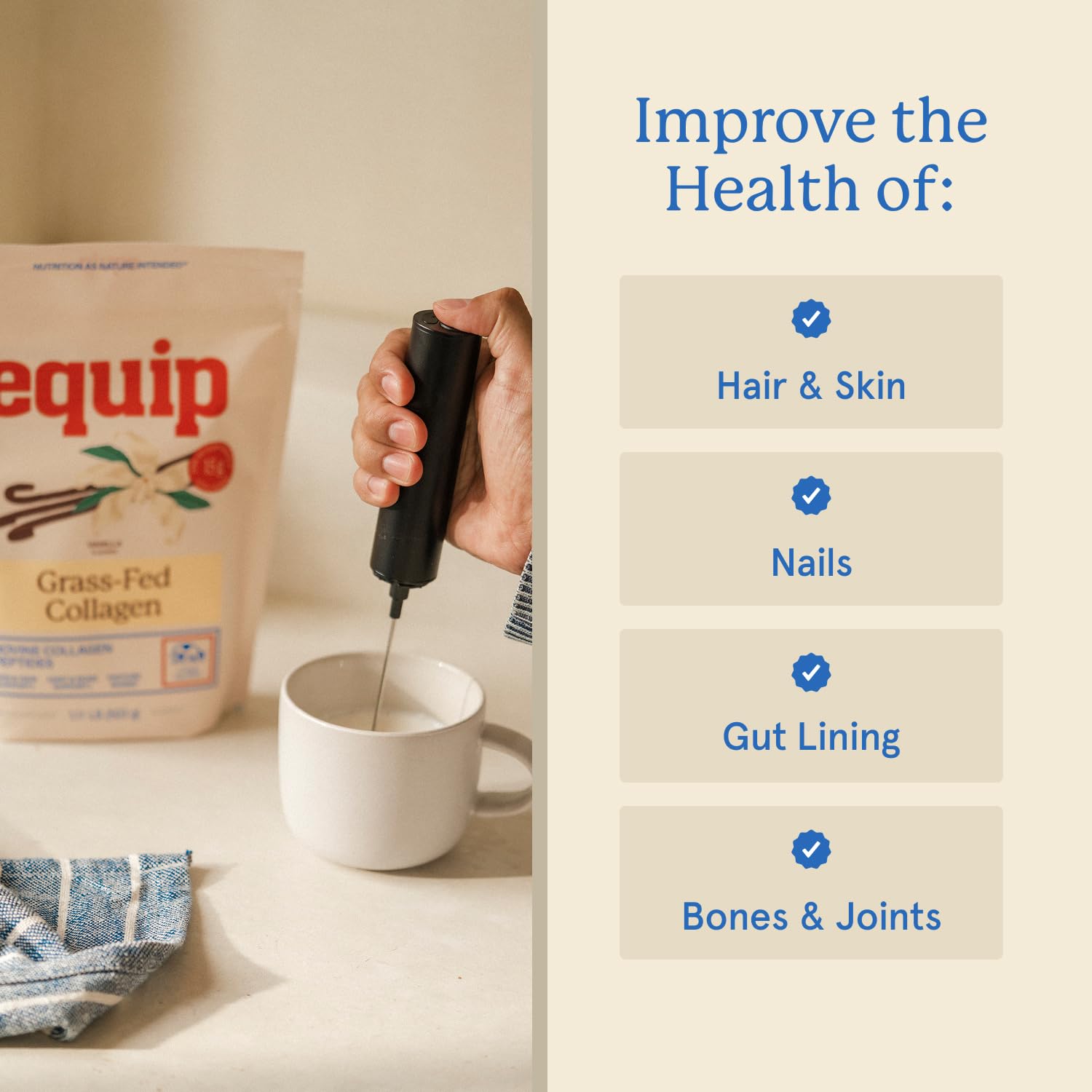 Equip Grass-Fed Hydrolyzed Collagen Powder - Pasture-Raised Bovine Collagen Peptides Powder - 14g Per Scoop - Clean, Daily Supplement for Joints, Gut, Skin, Hair & Nails - Vanilla (30 Scoops)