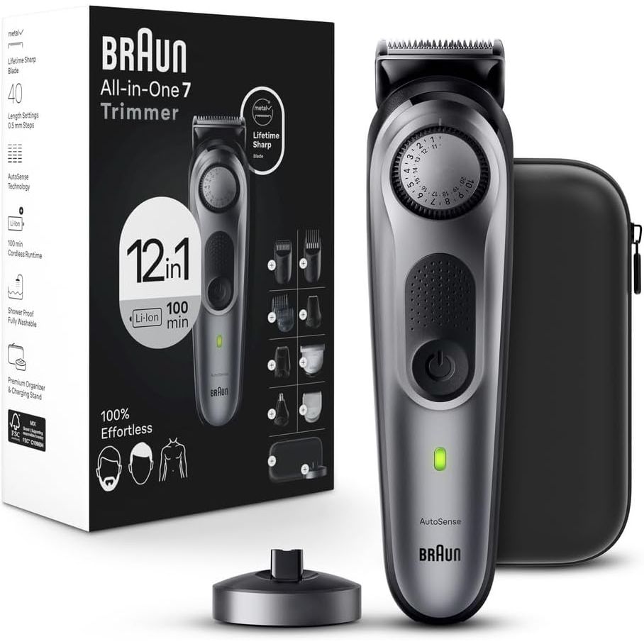 Buy now Braun All-in-One Style Kit Series 7 7410, 8-in-1 Trimmer for Men with Beard Trimmer, Body Trimmer for Manscaping, Hair Clippers & More, Sharpest Blade, 40 Length Settings, Waterproof 13 Piece Set Silver at indiglob india