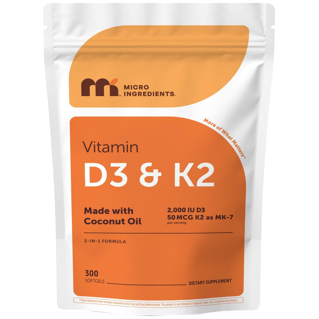 Micro Ingredients Vitamin D3 2,000 IU + K2 MK-7 50 mcg, 300 Softgels | Made with Coconut Oil | 2-in-1 Formula | Easy to Swallow, Non-GMO