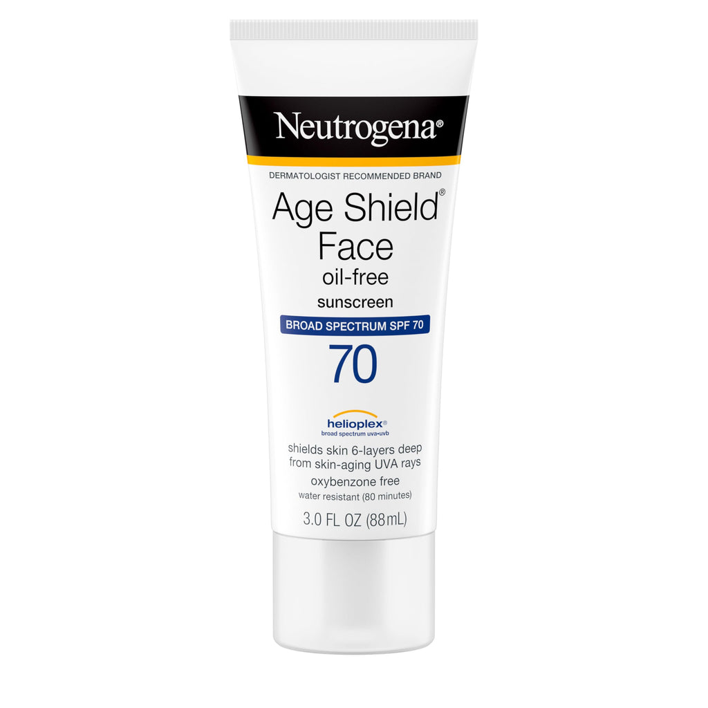 Buy now Neutrogena Age Shield Face Oil-Free Sunscreen Lotion with Broad Spectrum SPF 70, Non-Comedogenic Moisturizing Sunscreen to Help Prevent Signs of Aging, PABA-Free, 3 fl. oz. at indiglob india