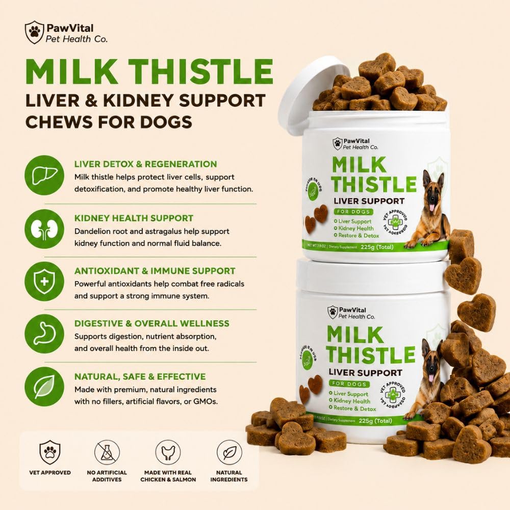 Milk Thistle for Dogs - Max Strength Liver Support Chews, Wild Alaskan Salmon Oil & Curcumin - Kidney Detox & Hepatic Support - Natural Liver Support Chews Made with Real Chicken, Choline & NAC