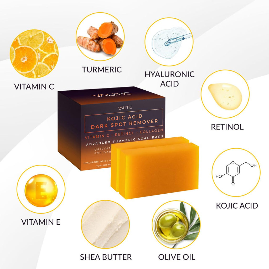 Buy now VALITIC Kojic Acid Dark Spot Remover Soap Bars with Vitamin C, Retinol, Collagen, Turmeric - Original Japanese Complex Infused with Hyaluronic Acid, Vitamin E, Shea Butter, Castile Olive Oil (2 Pack) at indiglob india
