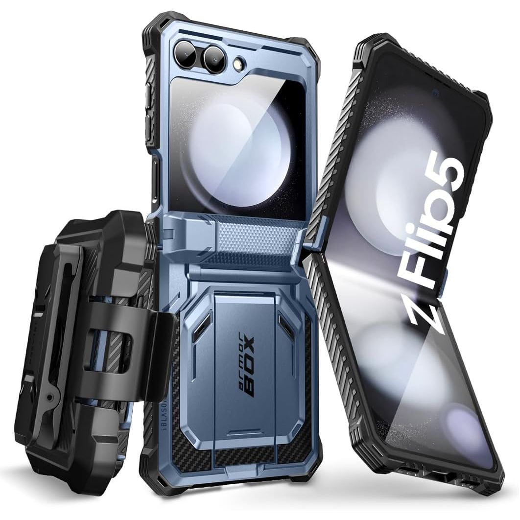 Buy now i-Blason for Samsung Galaxy Z Flip 5 Case with Stand, [Built-in Screen Protector] [Hinge Protection], Full-Body Protection Magnetic Phone Case for Galaxy Z Flip 5, Black Blue at indiglob india