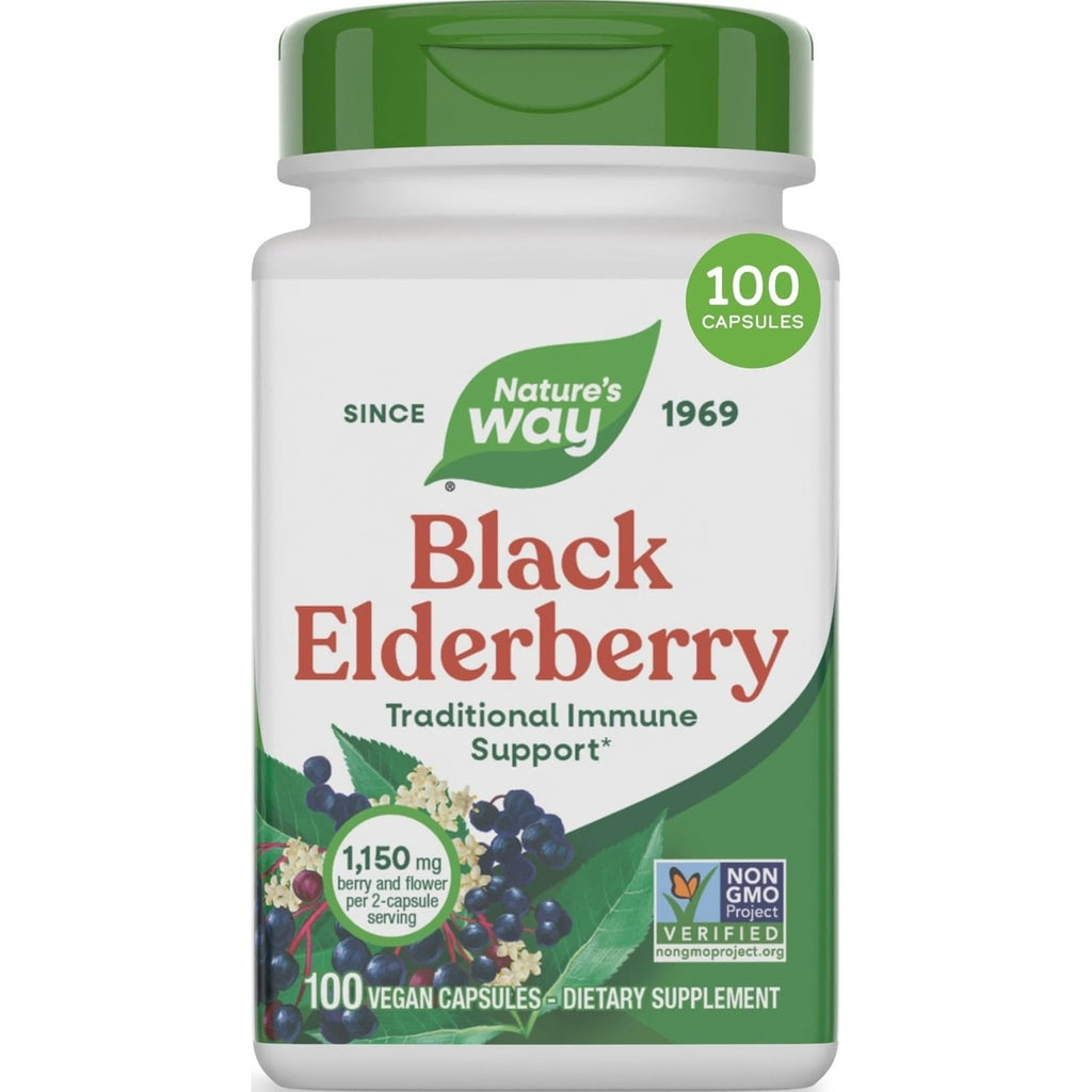 Nature's Way Black Elderberry Capsules, 1,150 mg per Serving, Vegan, 100 ct | Traditional Immune Support Supplement with Elderberry and Elderflower*, Plant-Powered Vegan Capsules