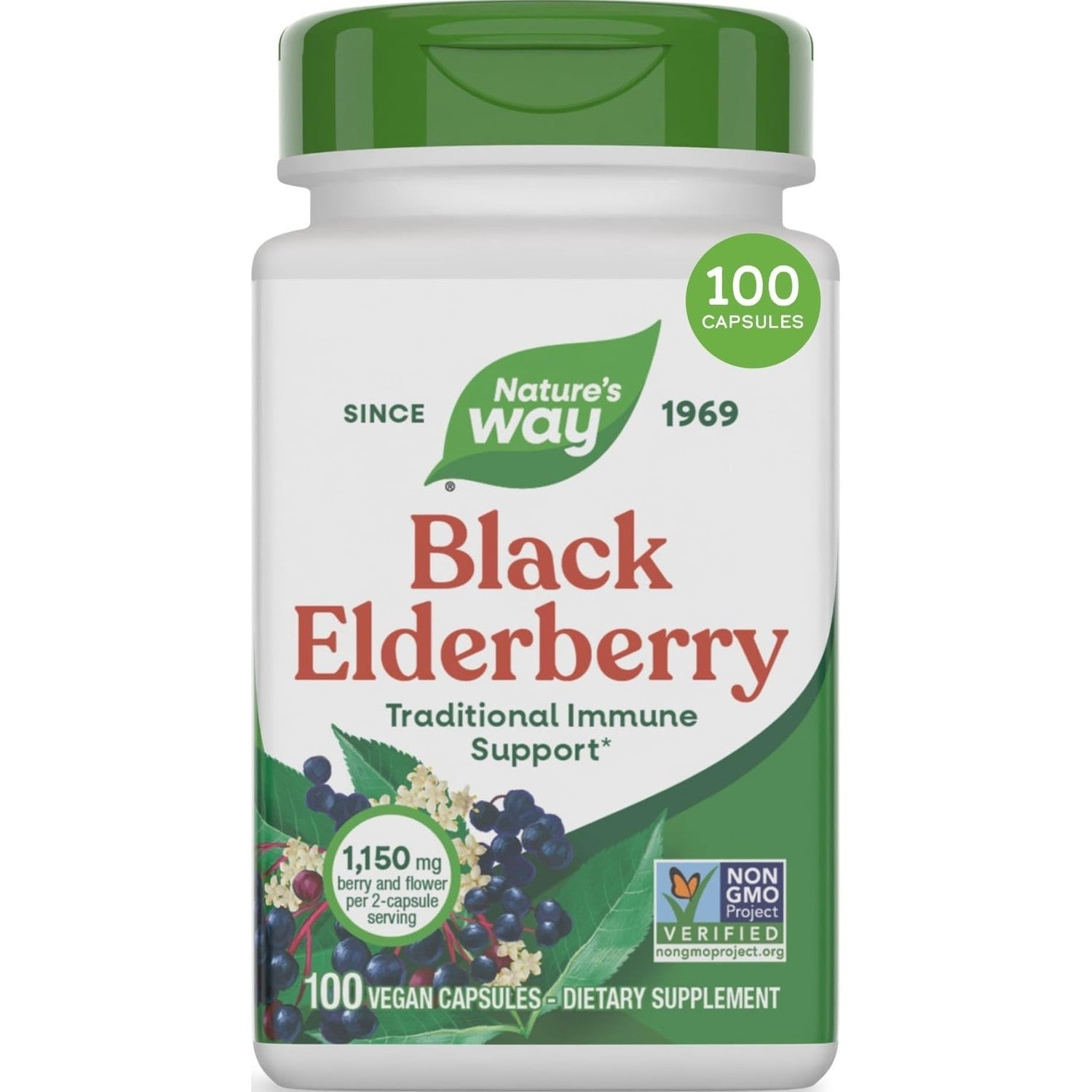Nature's Way Black Elderberry Capsules, 1,150 mg per Serving, Vegan, 100 ct | Traditional Immune Support Supplement with Elderberry and Elderflower*, Plant-Powered Vegan Capsules