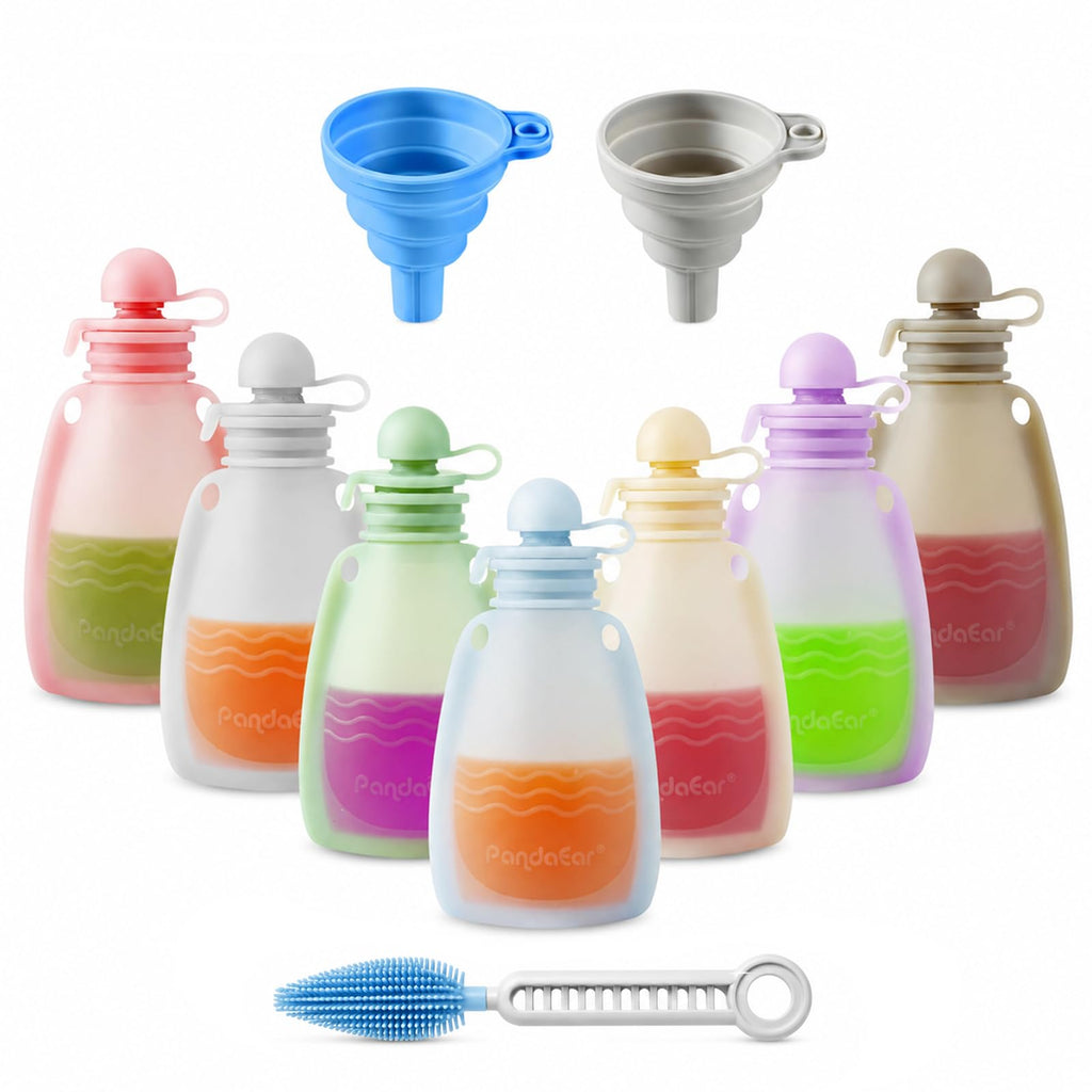 PandaEar 7 Pack Silicone Baby Food Pouches, Reusable Squeeze Pouches