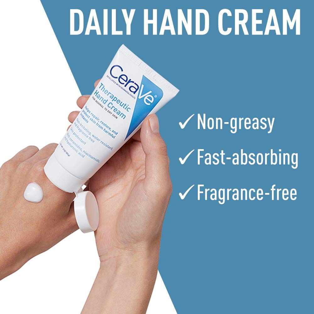 CeraVe Therapeutic Hand Cream, Hyaluronic Acid & Niacinamide Lotion, 3oz | Dermatologist-Tested Dimethicone Hand Lotion Protects Over-Worked Skin; Ideal Hand Cream For Dry Cracked Hands