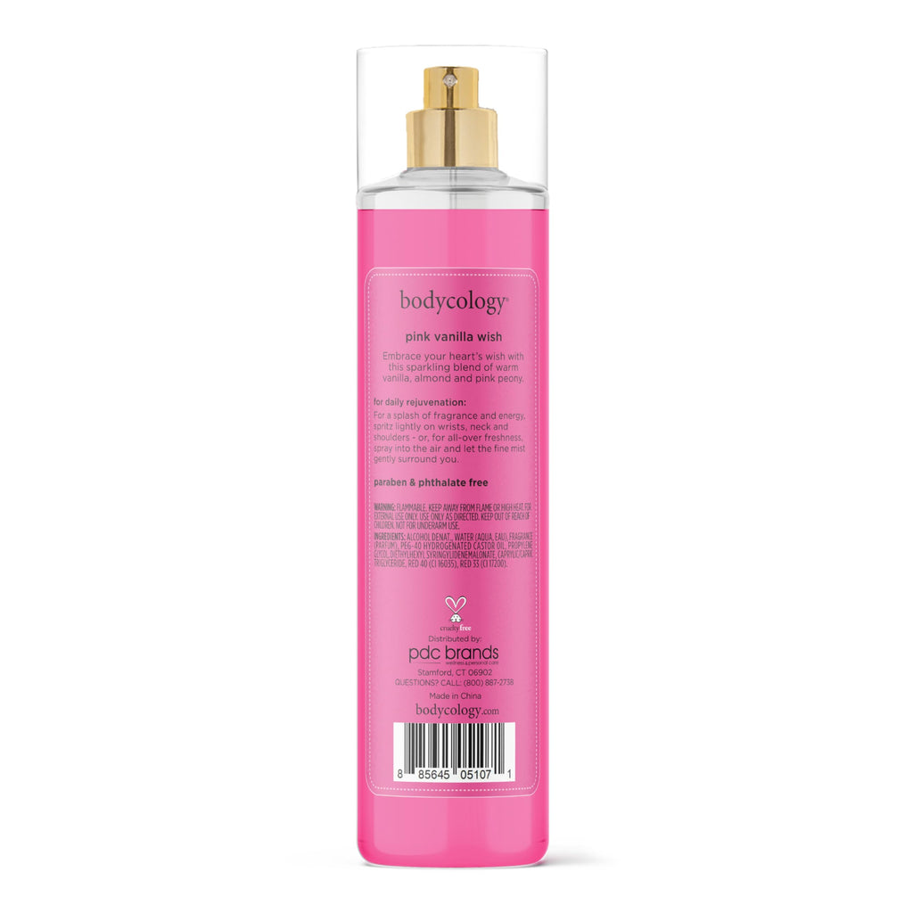Bodycology Pink Vanilla Wish fragrance mist, 100% authentic, 8 fl oz, paraben and phthalate free, delightful scent for daily use.